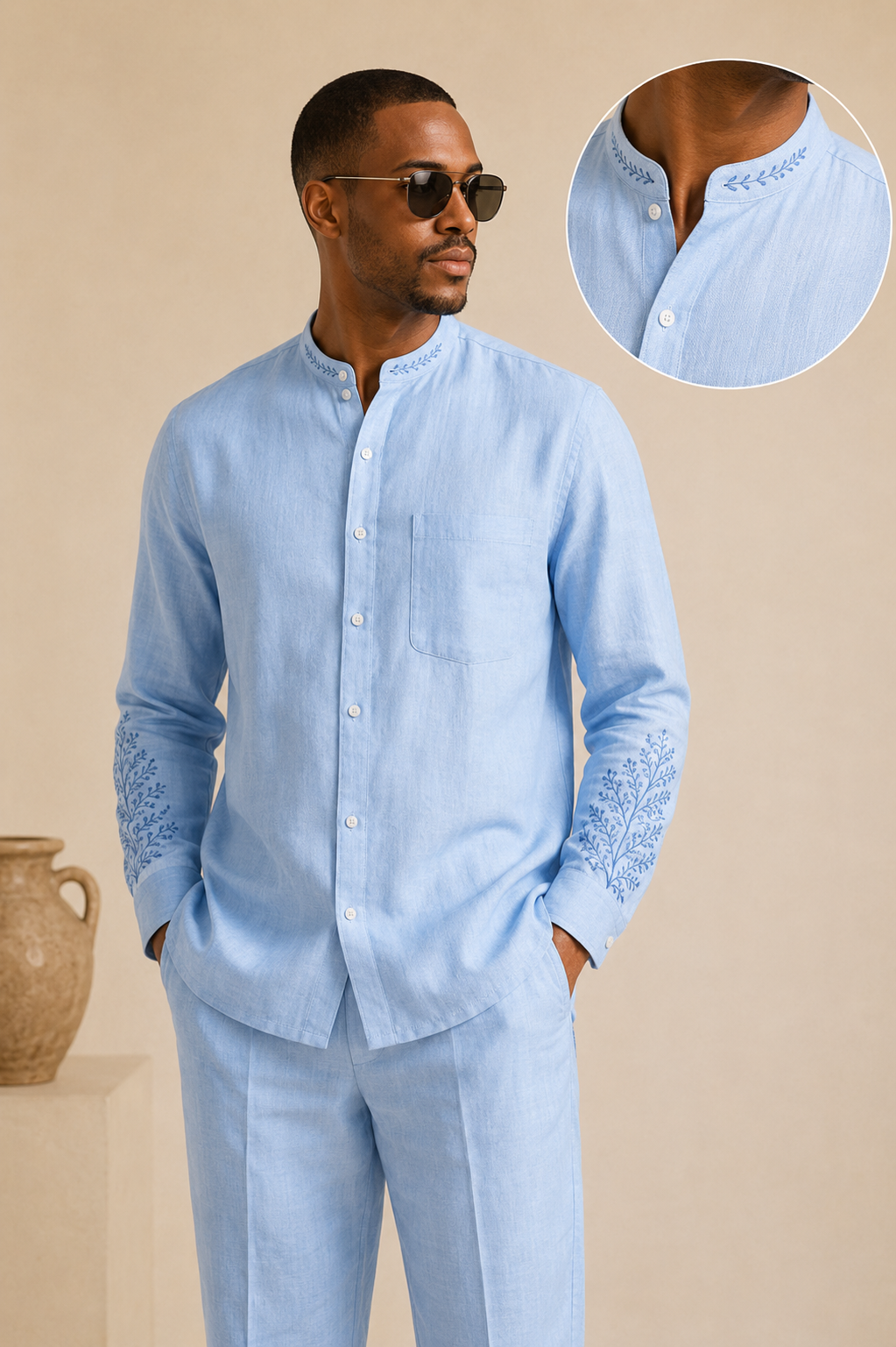 Sky Blue Embroidered Linen Shirt Set